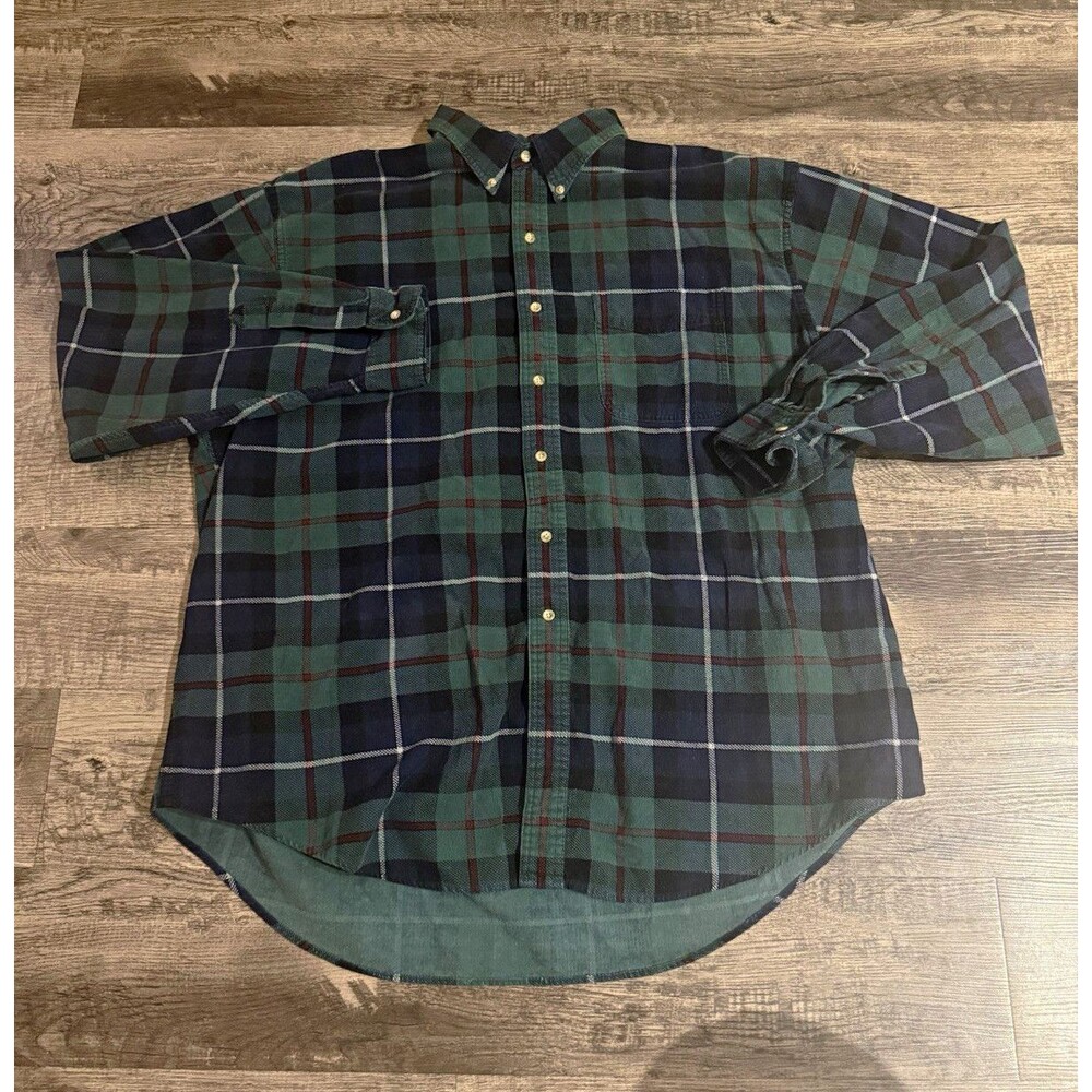 Vintage 90s LL Bean Flannel Shirt Mens XL Green Navy Plaid Button Down Cotton